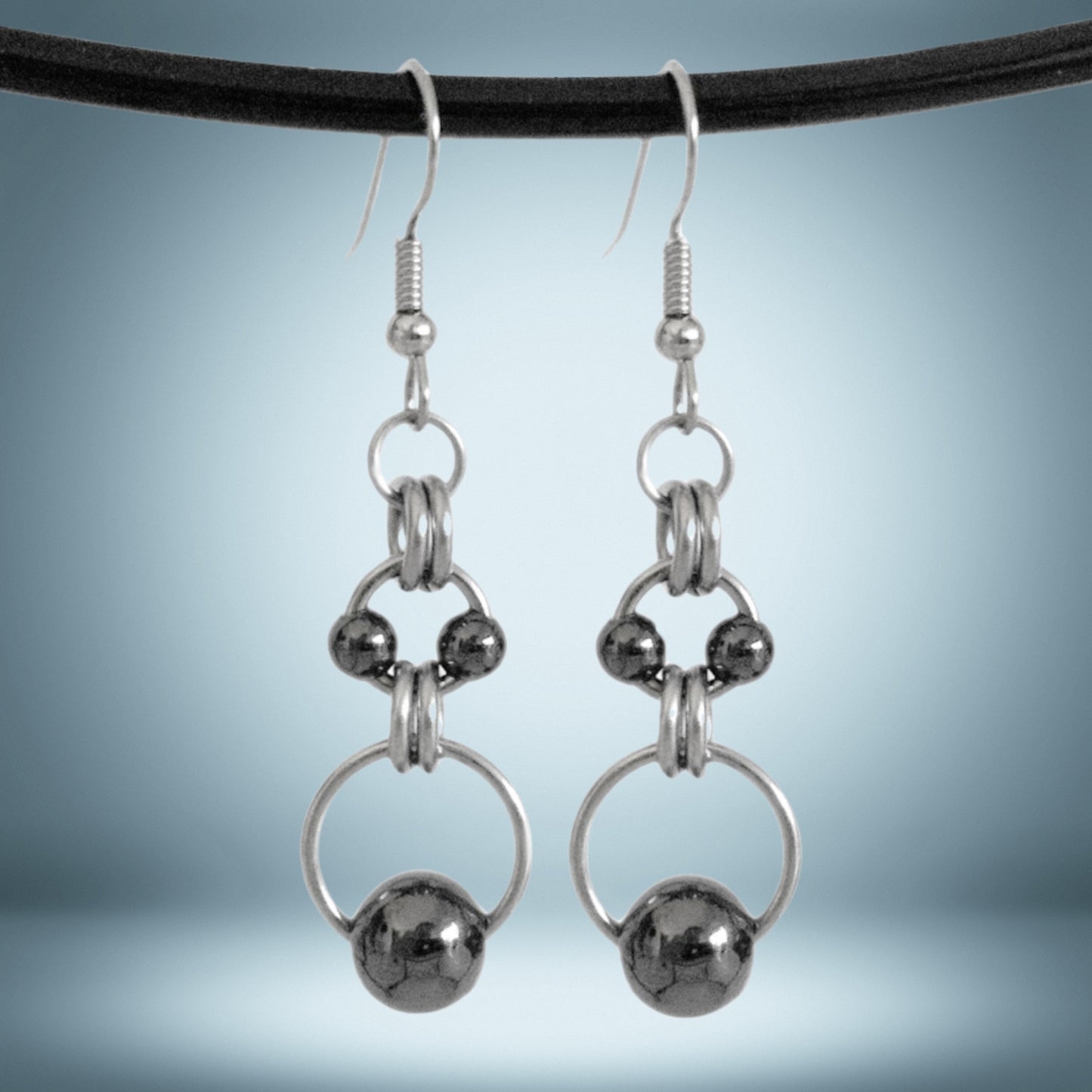 Black Bead Double Circle Dangle Earrings
