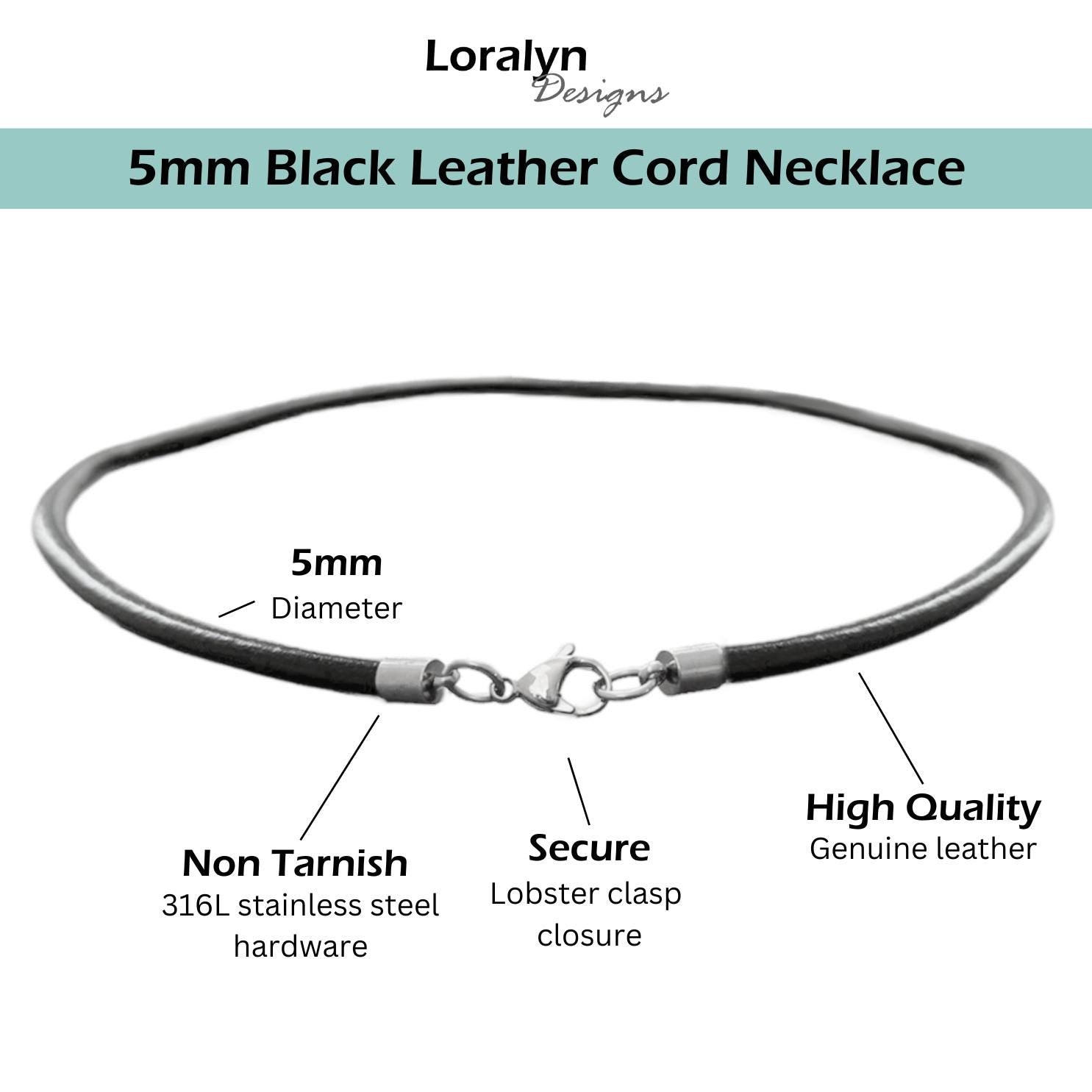 5mm Thick Black Leather Cord Necklace, Stainless Steel Lobster Clasp, Plain Necklace Chain