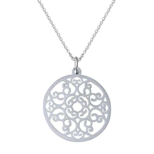 Mandala Swirl Stainless Steel Necklace for Women, Silver Circle Pendant, Intricate Cutout Design, Gift for Girlfriend, Meditation Jewelry