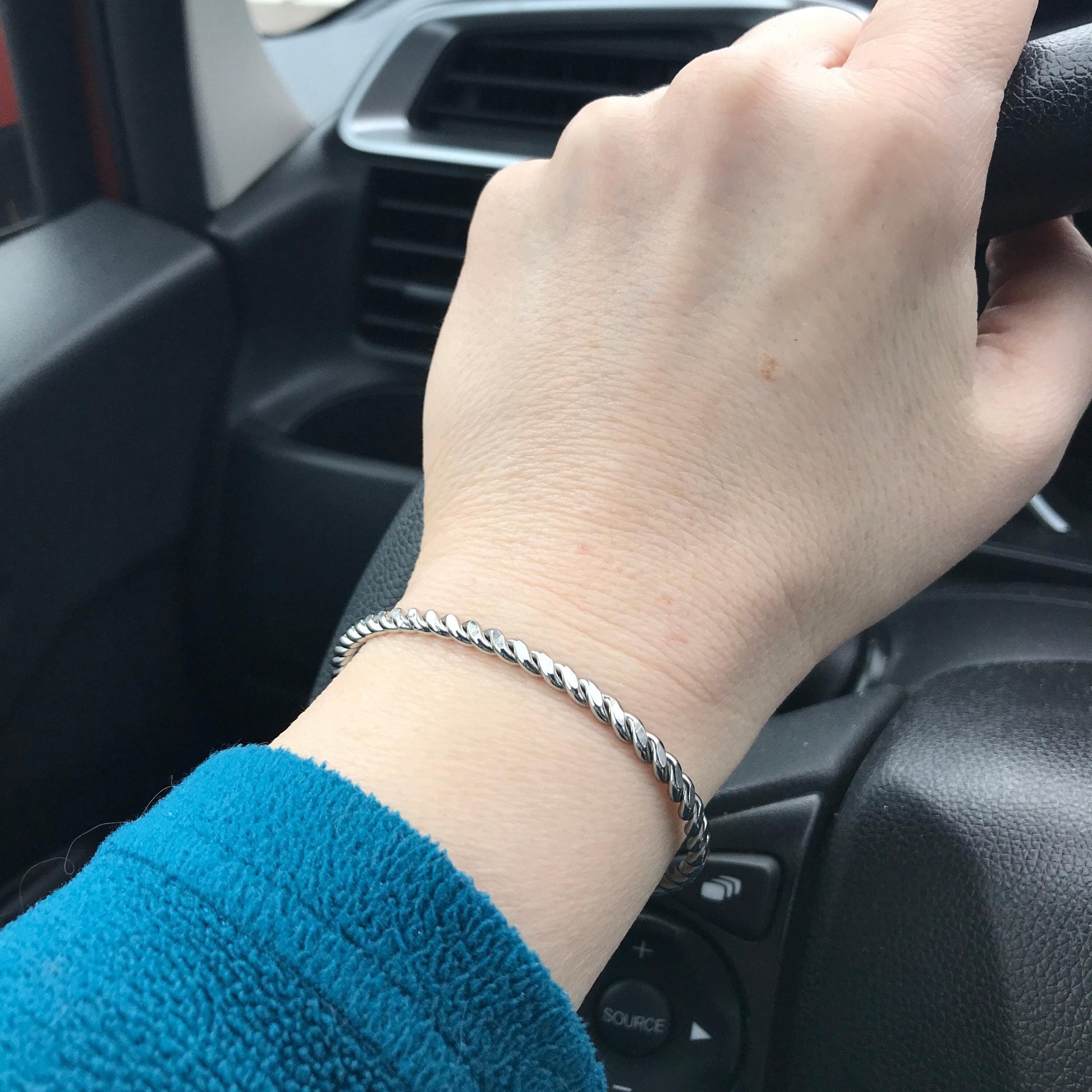 Thin Silver Twist Cuff Bracelet, Stainless Steel Jewelry, Rope Braid, Open Ended Bangle, Adjustable Metal Bracelet, Birthday Gift for Wife