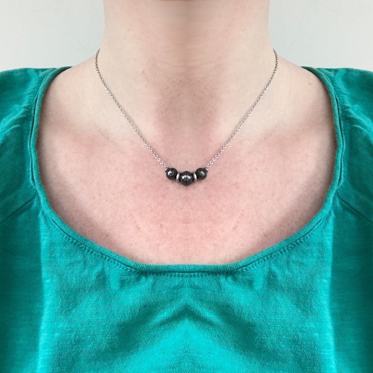Simple Beaded Necklace, Stainless Steel Jewelry, Gifts for Friends, Hypoallergenic Necklace, Black Three Bead