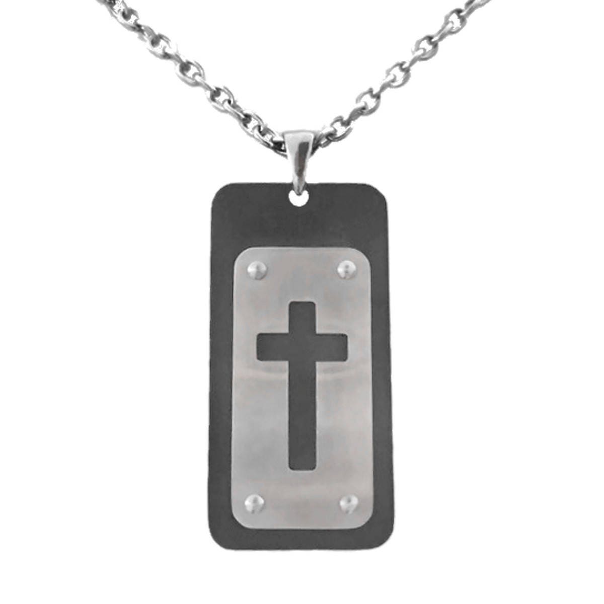 Mens Stainless Steel Dog Tag Cross Cutout Necklace Silver and