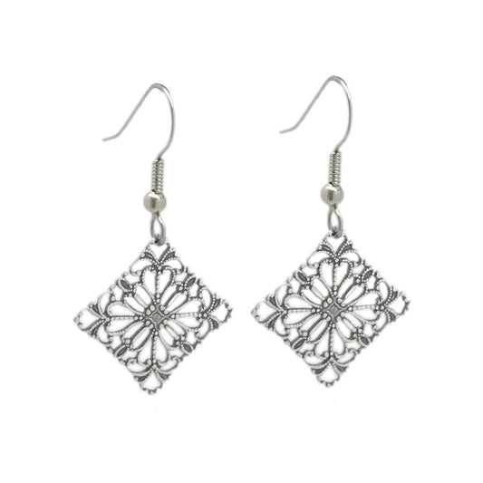 Diamond Shaped Earrings, Filigree Jewelry, Gift for Girlfriend, Silver Filigree Earrings, Stainless Steel French Hook Earrings