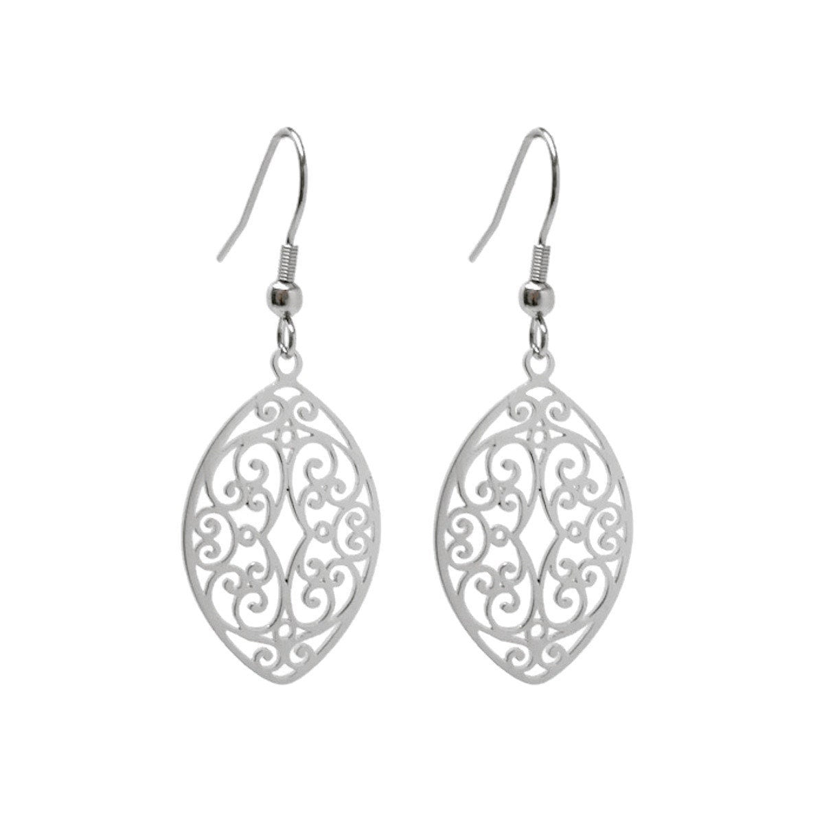 Stainless Steel Filigree Oval Leaf Dangle Earrings – Loralyn Designs