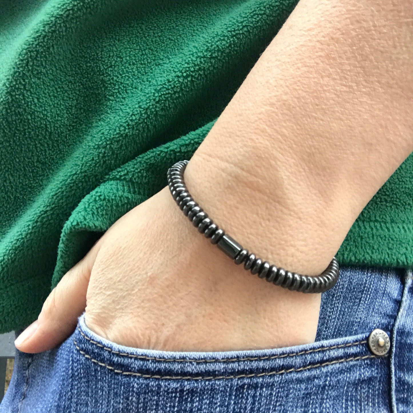 Hematite Bracelet Men, Guys Jewelry, Thin Bracelet Men, 4mm, Unisex Bracelet, Beaded Bracelet, Dark Gray, Stackable