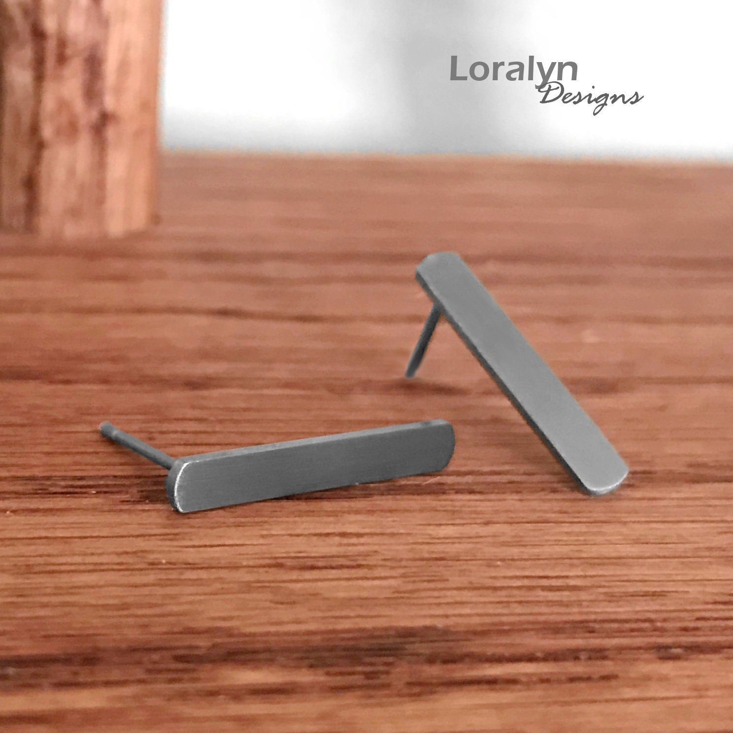 Silver Bar Stud Earrings, Stainless Steel, Oval Post Earrings, Edgy Jewelry, Gift for Girlfriend, Brushed Steel