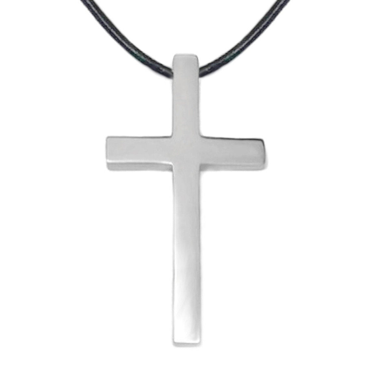 Mens Simple Cross Necklace Leather Cord, Stainless Steel Pendant, Jewelry for Him, Religious Gift for Son, Silver Crucifix