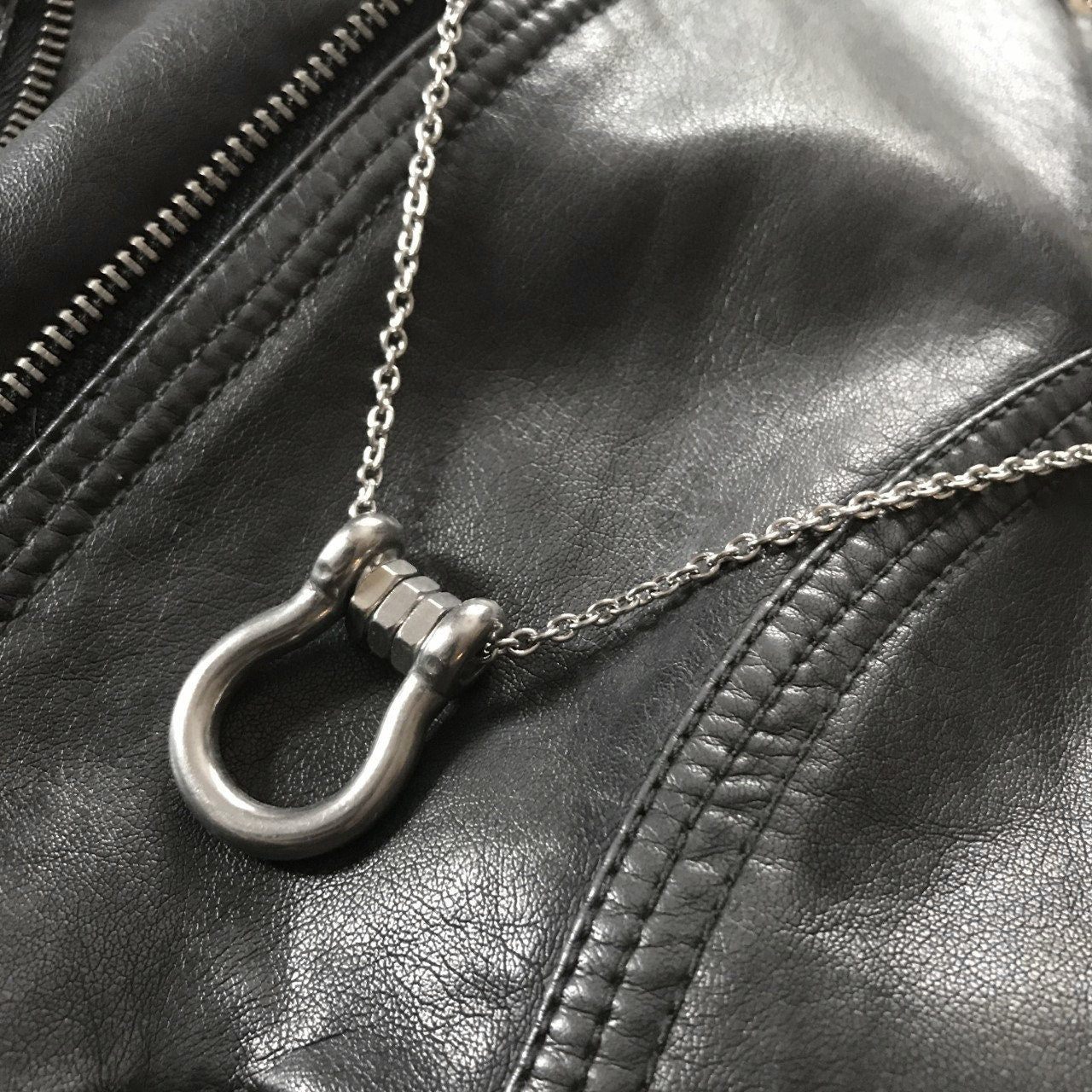 Lucky Horseshoe Necklace, Masculine Jewelry, Stainless Steel Pendant Men, Silver Hardware Necklace, Gift for Guy