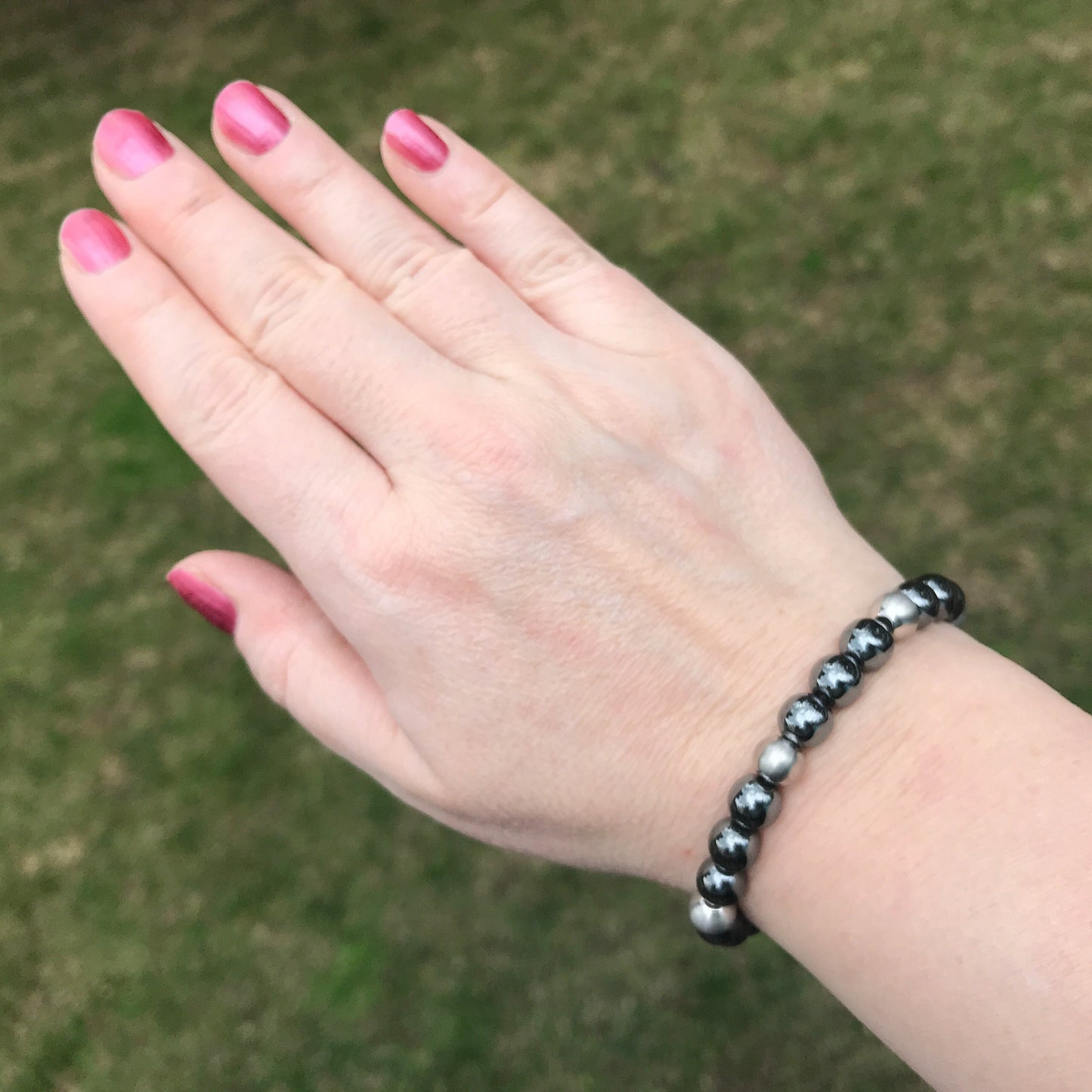 8mm Bead Bracelet, Stretchy Bracelets for Women, Stainless Steel Jewelry, Large Metal Bead Bracelet, Silver and Black