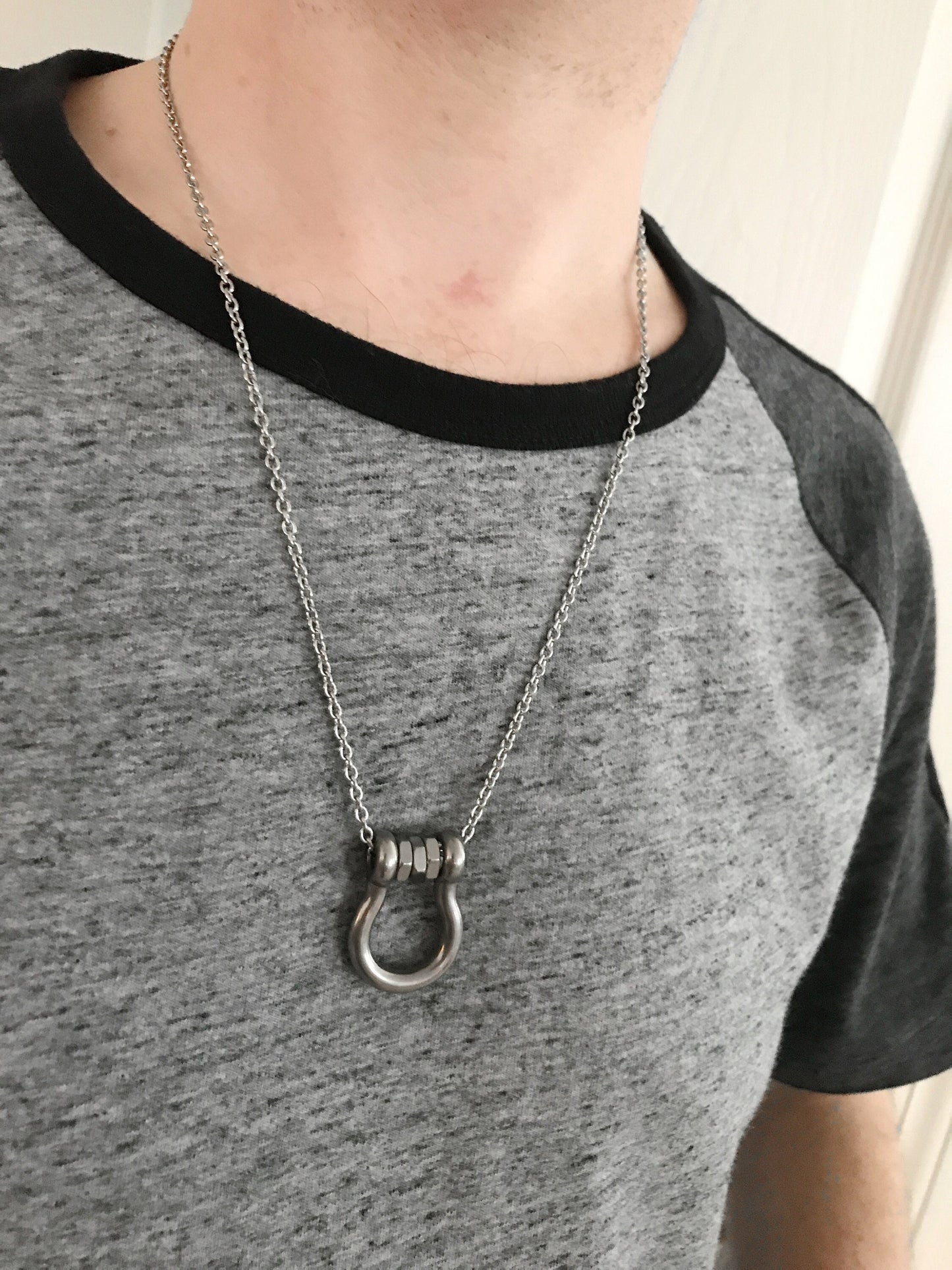 Lucky Horseshoe Necklace, Masculine Jewelry, Stainless Steel Pendant Men, Silver Hardware Necklace, Gift for Guy