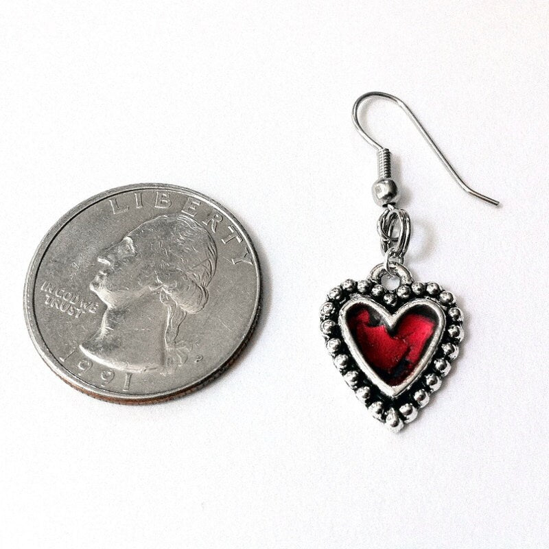 Red Heart Earrings, Red and Black Jewelry, Gift for girlfriend, Rocker Style, Silver Heart Earrings