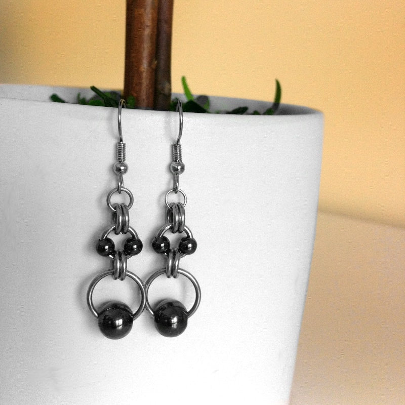 Black Bead Earrings, Stainless Steel Jewelry for Women, Simple Dangle Earrings, Gift Ideas for Girlfriend