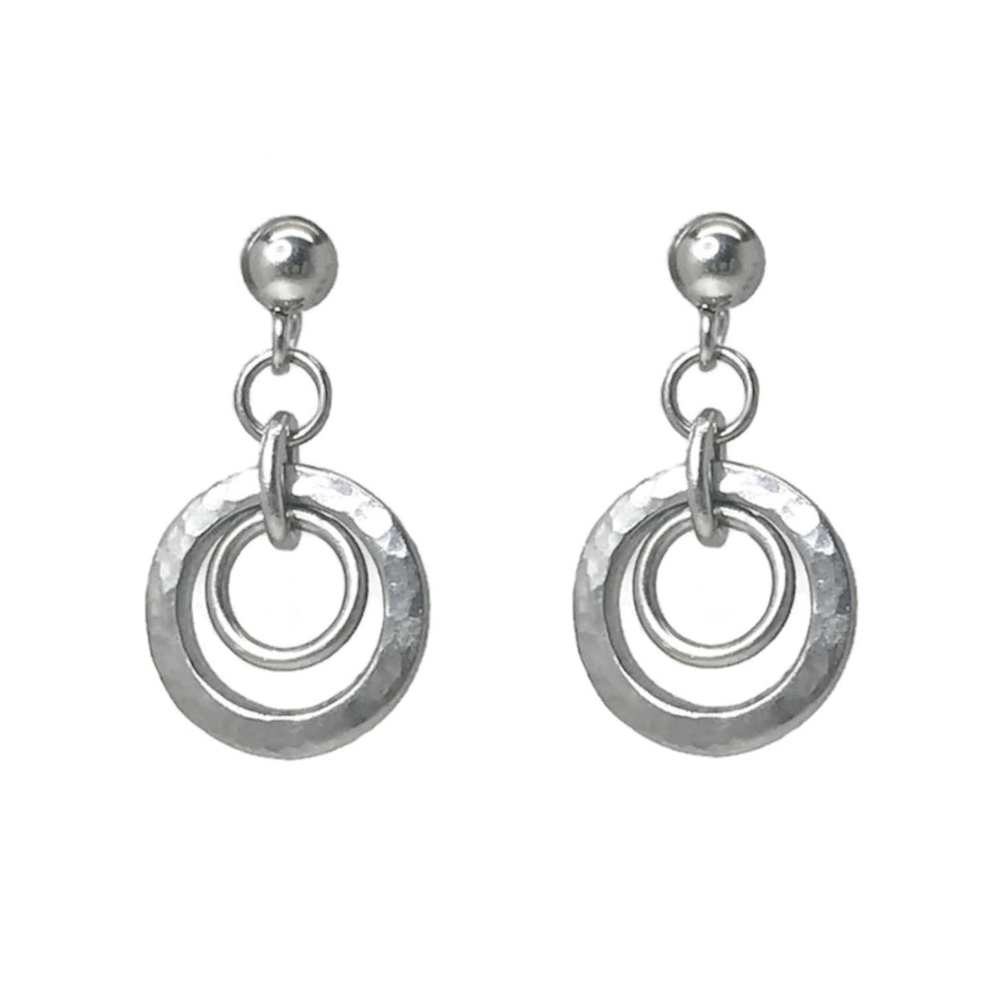 Small Silver Hammered Circle Earrings, Textured Dangle Post Earrings, Stainless Steel Stud Earrings, Sensitive Ears, Everyday Jewelry