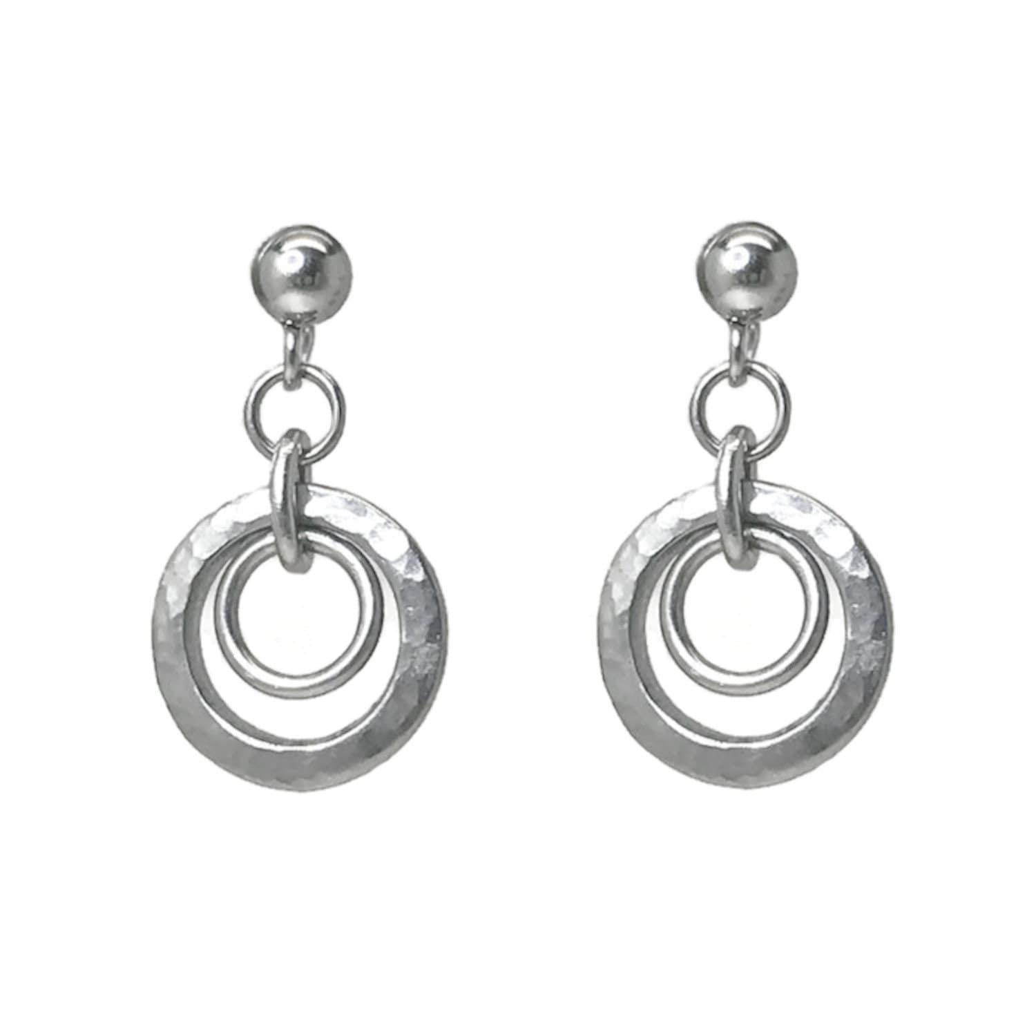 Small Silver Hammered Circle Earrings, Textured Dangle Post Earrings, Stainless Steel Stud Earrings, Sensitive Ears, Everyday Jewelry