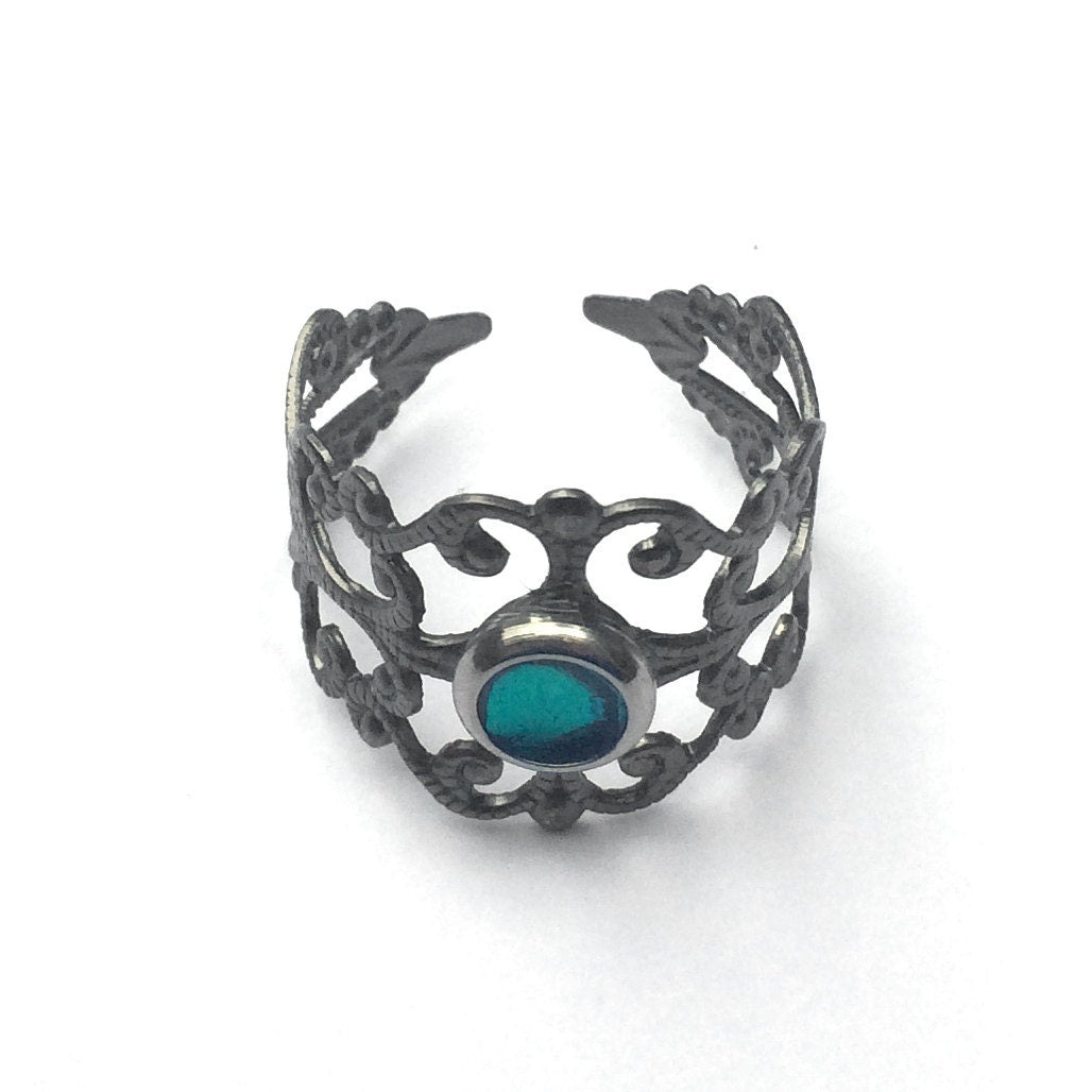 Adjustable Ring, Medieval Jewelry, Womens Teal Gothic Design, Ornate Scrollwork, Metal Cutout