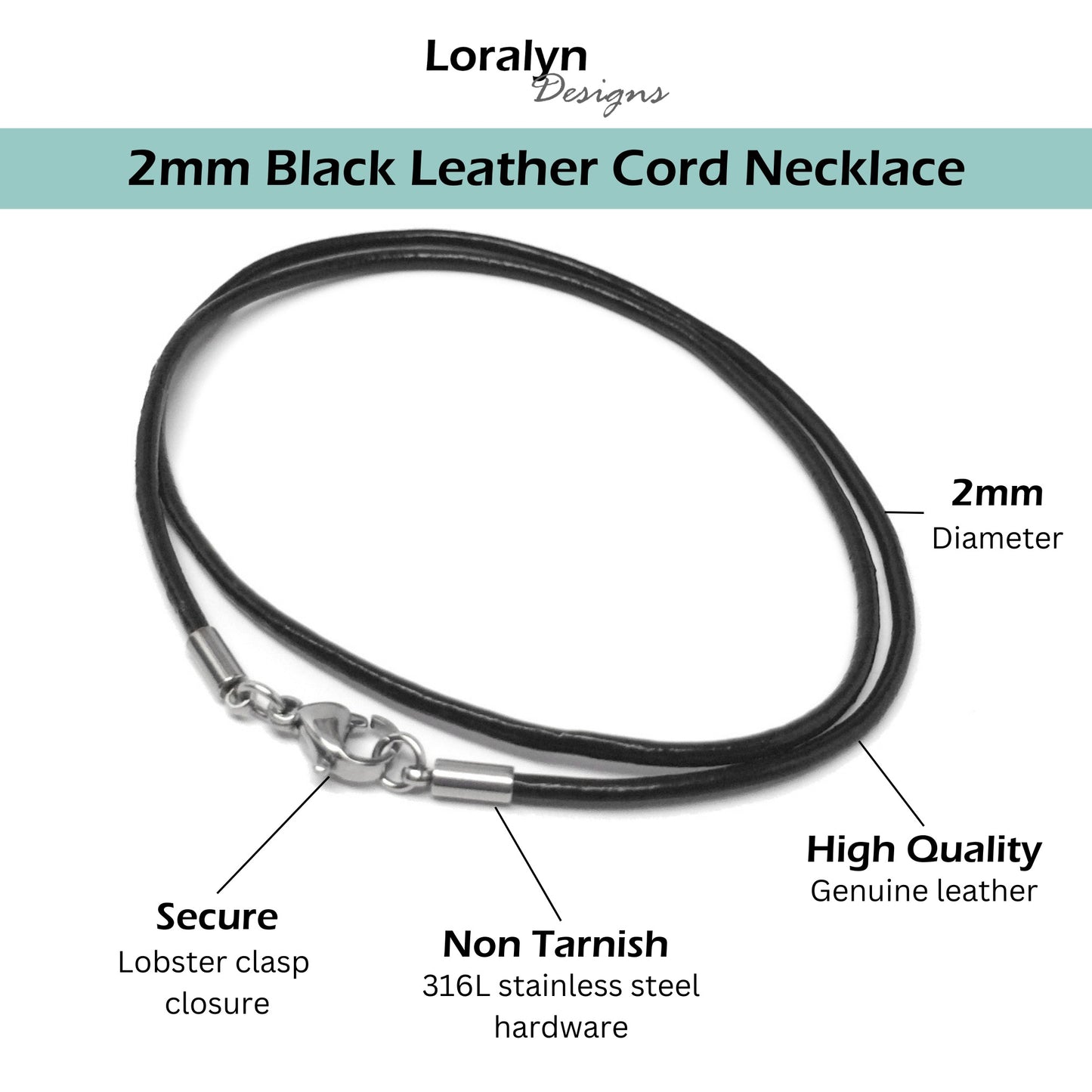Round Black Genuine Leather Cord Necklace (2mm)