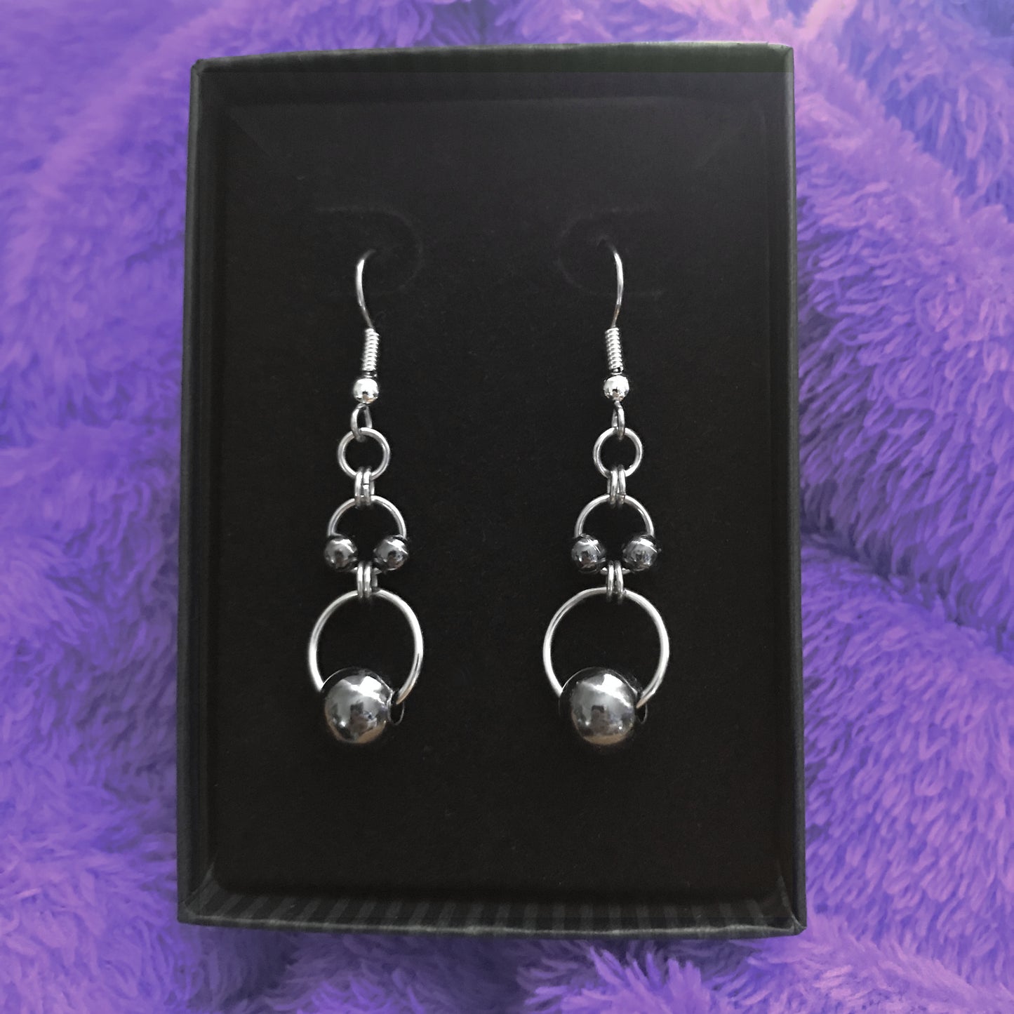 Black Bead Double Circle Dangle Earrings