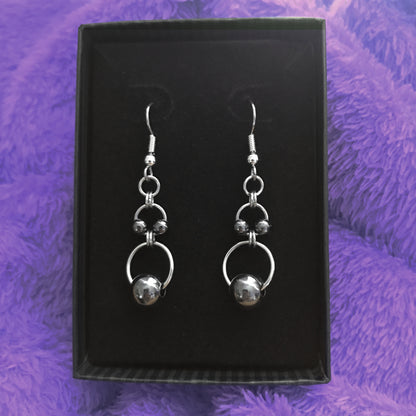 Black Bead Double Circle Dangle Earrings