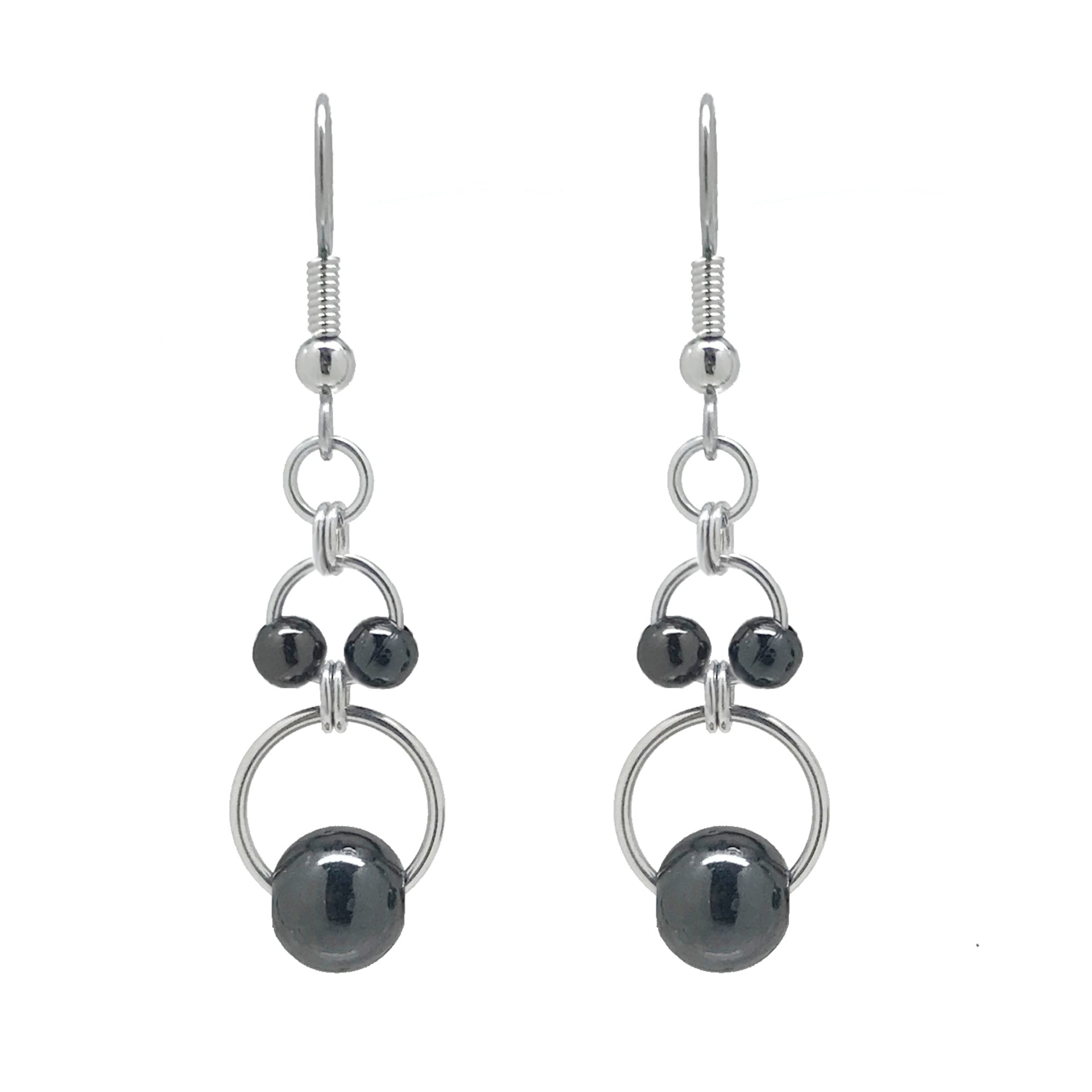 Black Bead Double Circle Dangle Earrings
