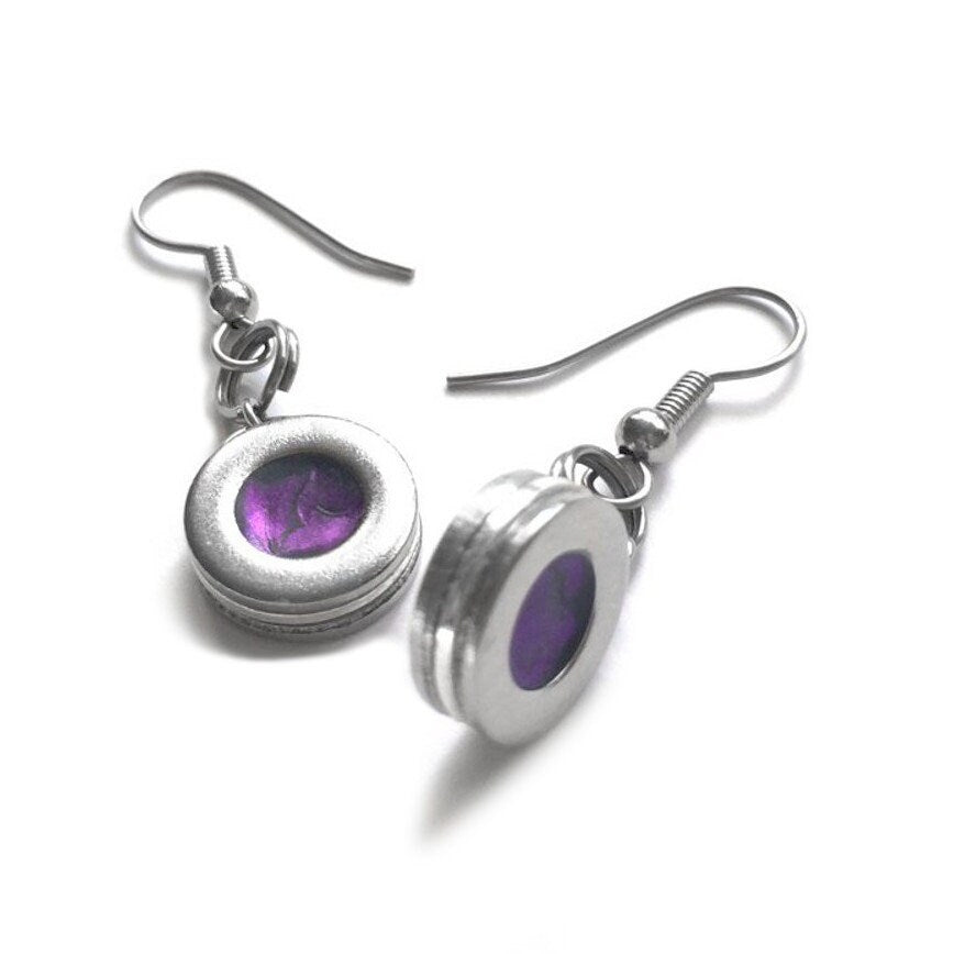 Silver and Purple Earrings, Edgy Earrings, Stainless Steel Jewelry for Women, Gift for Mom, Plum Circle Drop