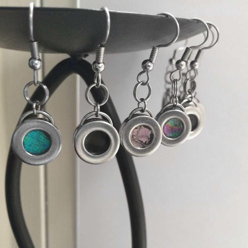 Silver and Purple Earrings, Edgy Earrings, Stainless Steel Jewelry for Women, Gift for Mom, Plum Circle Drop