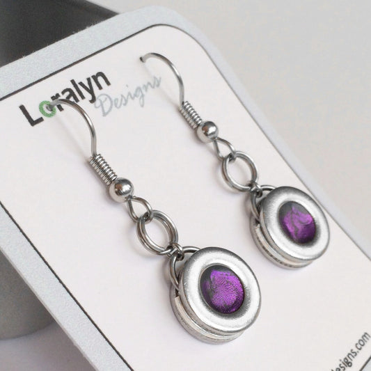 Silver and Purple Earrings, Edgy Earrings, Stainless Steel Jewelry for Women, Gift for Mom, Plum Circle Drop