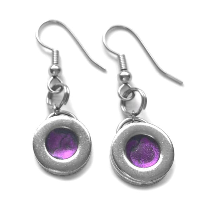 Silver and Purple Earrings, Edgy Earrings, Stainless Steel Jewelry for Women, Gift for Mom, Plum Circle Drop