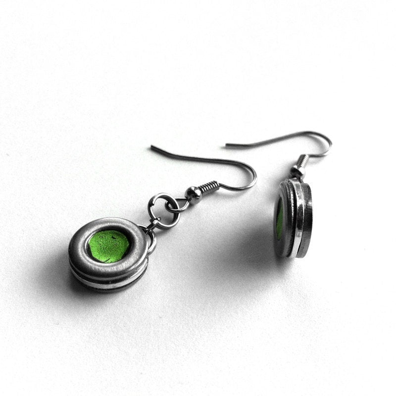 Stainless Steel Earrings for Women, Jewelry for Sensitive Skin, Rocker Chick, Silver and Green Washer Jewellery