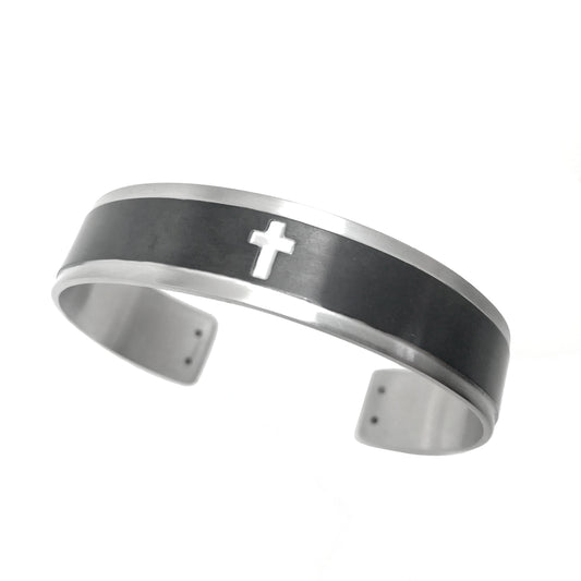 Mens Cross Cuff Bracelet, Stainless Steel Gift for Guy, Religious Jewelry, Husband Gift, Black and Silver Bracelet for Men, Catholic Jewelry