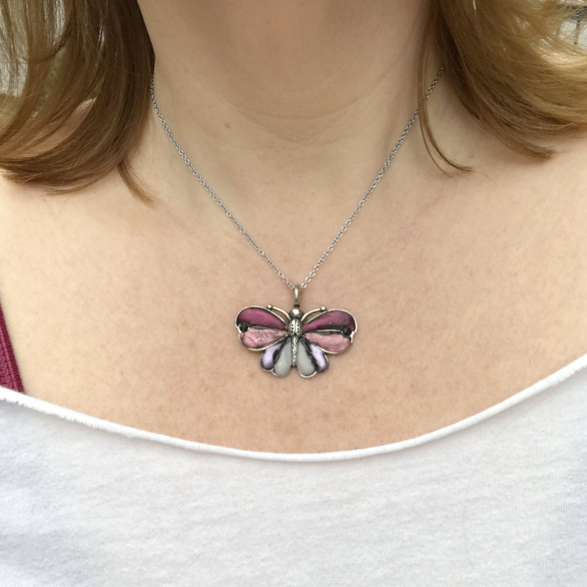 Silver Butterfly Necklace, Colorful Pendant, Nature Inspired Jewelry, Purple Butterfly Pendant, Resin Jewelry, Gifts for Mom, Spring Jewelry