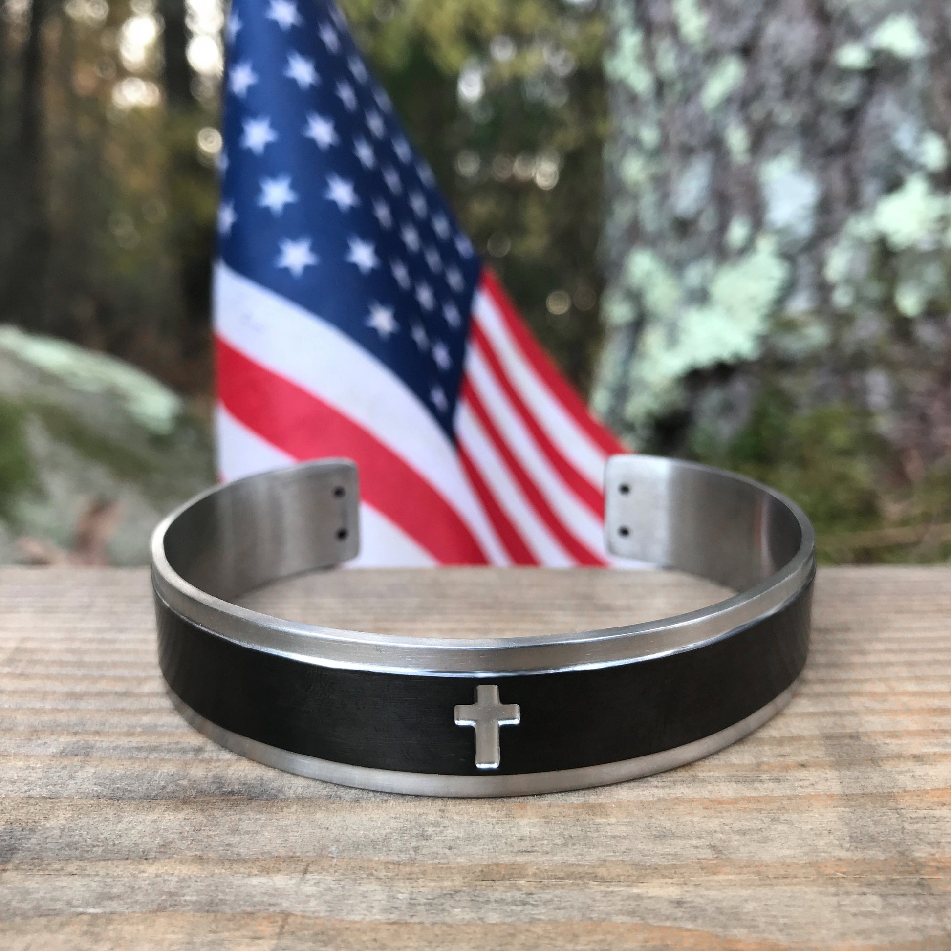 Mens Cross Cuff Bracelet, Stainless Steel Gift for Guy, Religious Jewelry, Husband Gift, Black and Silver Bracelet for Men, Catholic Jewelry