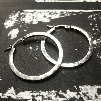 Stainless Steel Hoop Earrings, Hammered Earrings, Textured Hoops, Classic Jewelry, Gift for Sister, Non Tarnish Earrings, Sensitive Skin