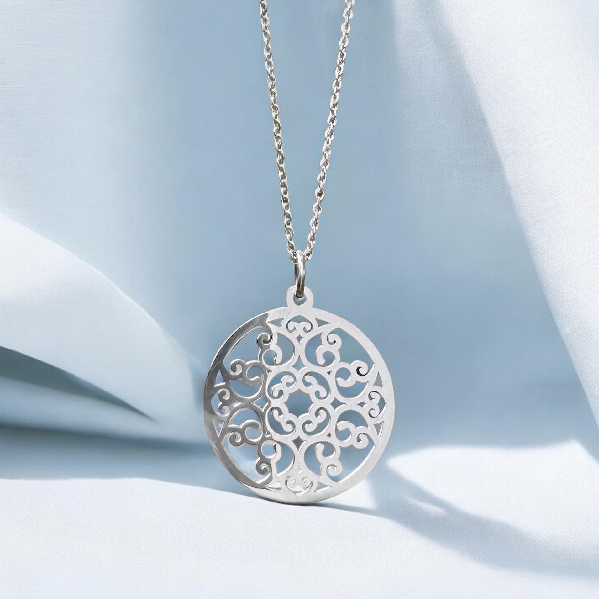 Mandala Swirl Stainless Steel Necklace for Women, Silver Circle Pendant, Intricate Cutout Design, Gift for Girlfriend, Meditation Jewelry