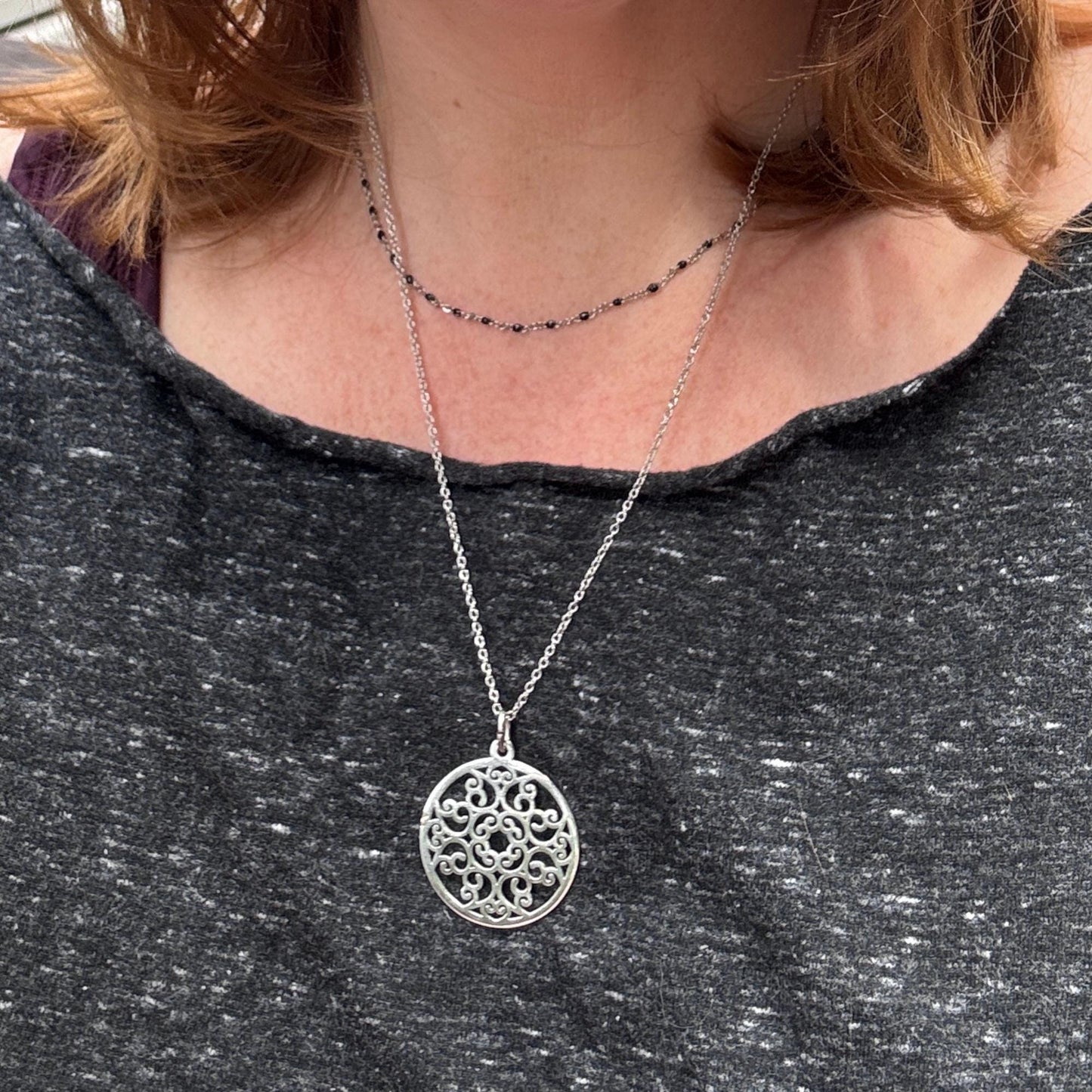 Mandala Swirl Stainless Steel Necklace for Women, Silver Circle Pendant, Intricate Cutout Design, Gift for Girlfriend, Meditation Jewelry