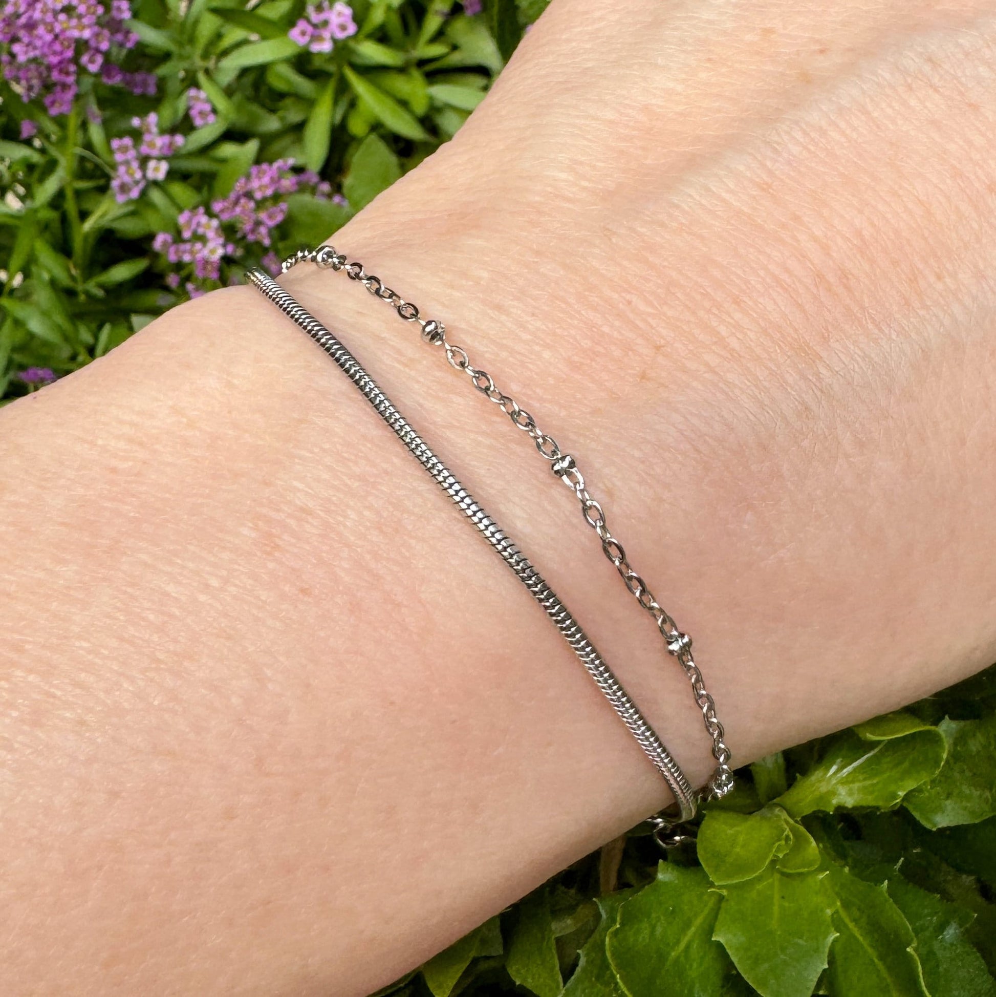 Snake and Satellite Double Chain Bracelet, Stainless Steel Stacking Bracelet, Thin Silver Double Layer Bracelet, Anti-Tarnish, Waterproof