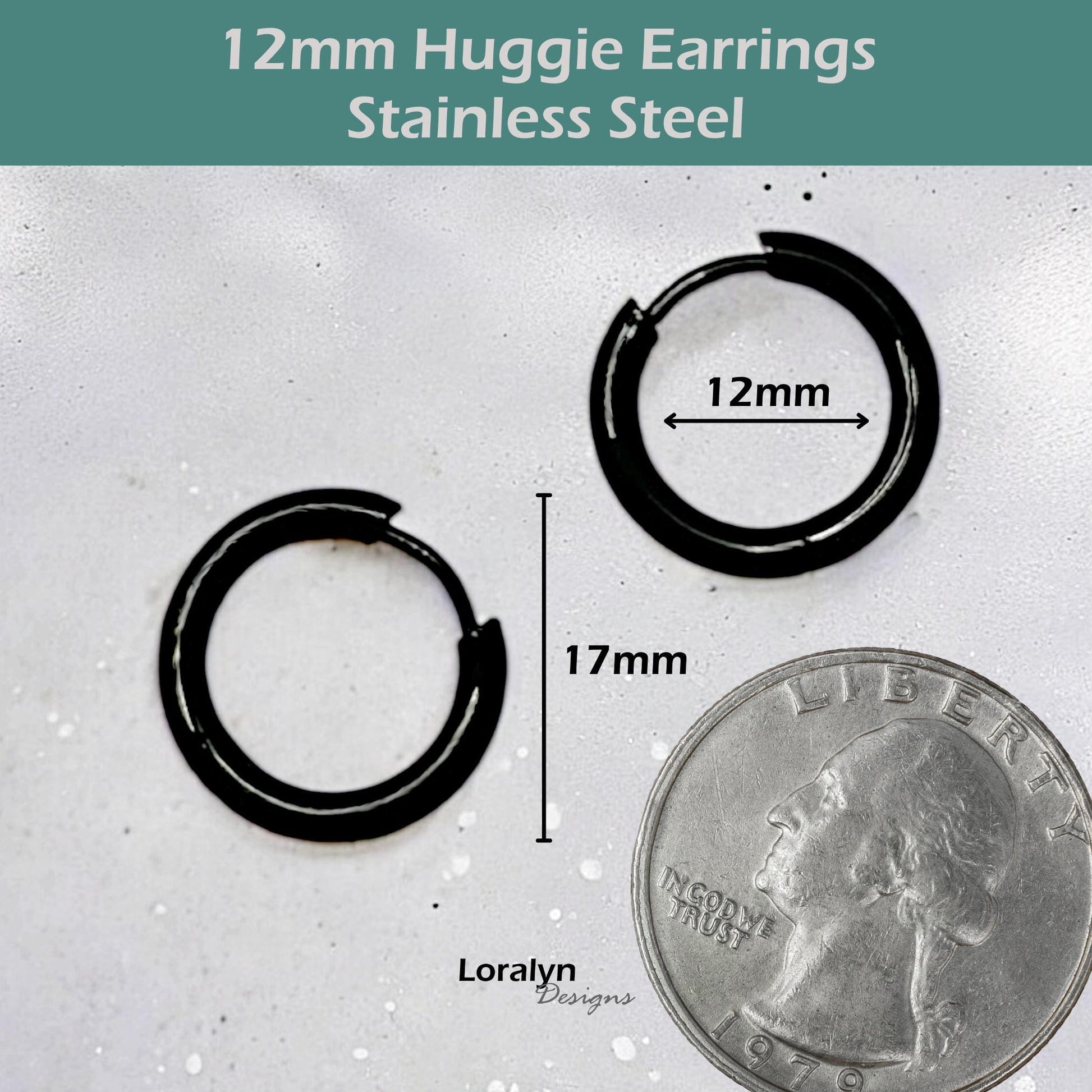 12mm Continuous Hoops Sleeper Earrings, Small Stainless Steel Huggies, Mini Hoops, Multiple Piercing, Black or Silver, Unisex Jewelry