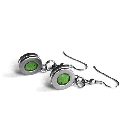 Stainless Steel Earrings for Women, Jewelry for Sensitive Skin, Rocker Chick, Silver and Green Washer Jewellery