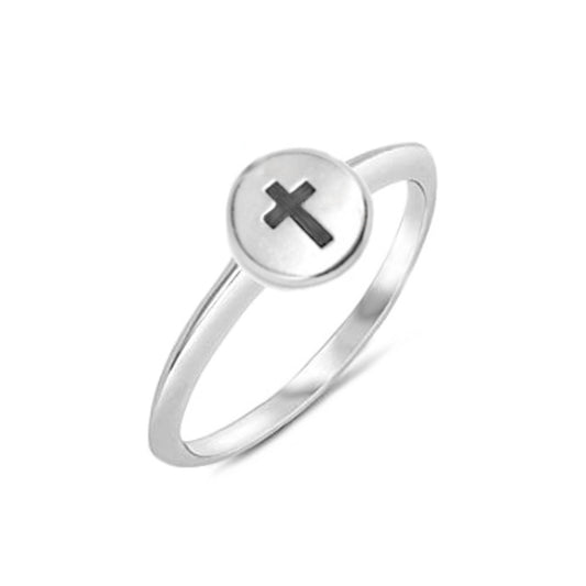 Small Stackable Engraved Silver Cross Charm Ring