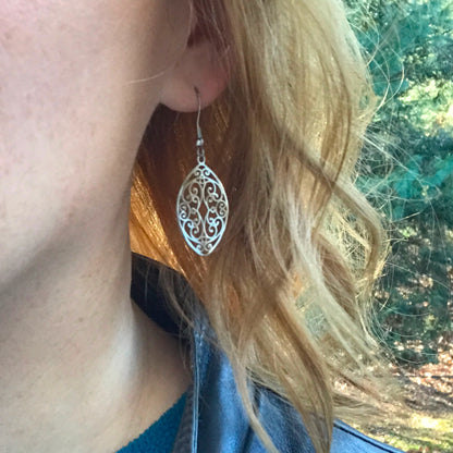 Stainless Steel Filigree Oval Leaf Dangle Earrings