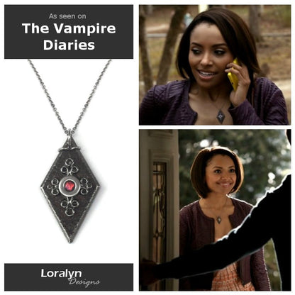 As seen on The Vampire Diaries Bonnie Necklace, Medieval Black Diamond Shaped Pendant, Crimson Red and Black Jewelry  Stainless Steel Chain