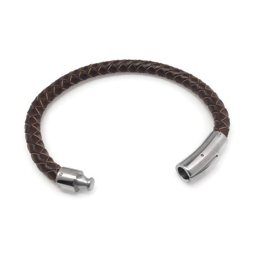 Brown Leather Braided Bracelet, Stainless Steel Double Safety Clasp, Gifts for Him, Mens Jewelry, Womens Jewelry