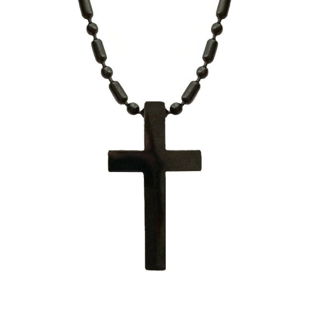 Steel and Black Carbon Fiber Cross and Beaded Chain Necklace - 20 Inch -  Black Bow Jewelry Company