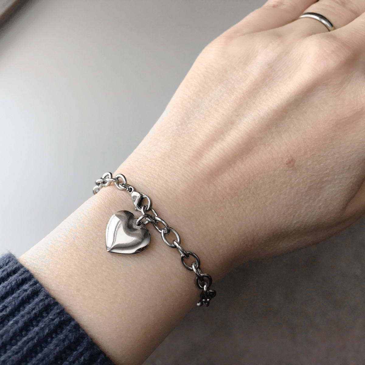 Stainless Steel Charm Bracelet, Silver Heart, Jewelry for Mom, Charm Chain, Great for Sensitive Skin