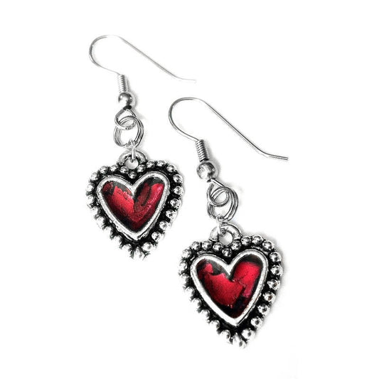 Red Heart Earrings, Red and Black Jewelry, Gift for girlfriend, Rocker Style, Silver Heart Earrings