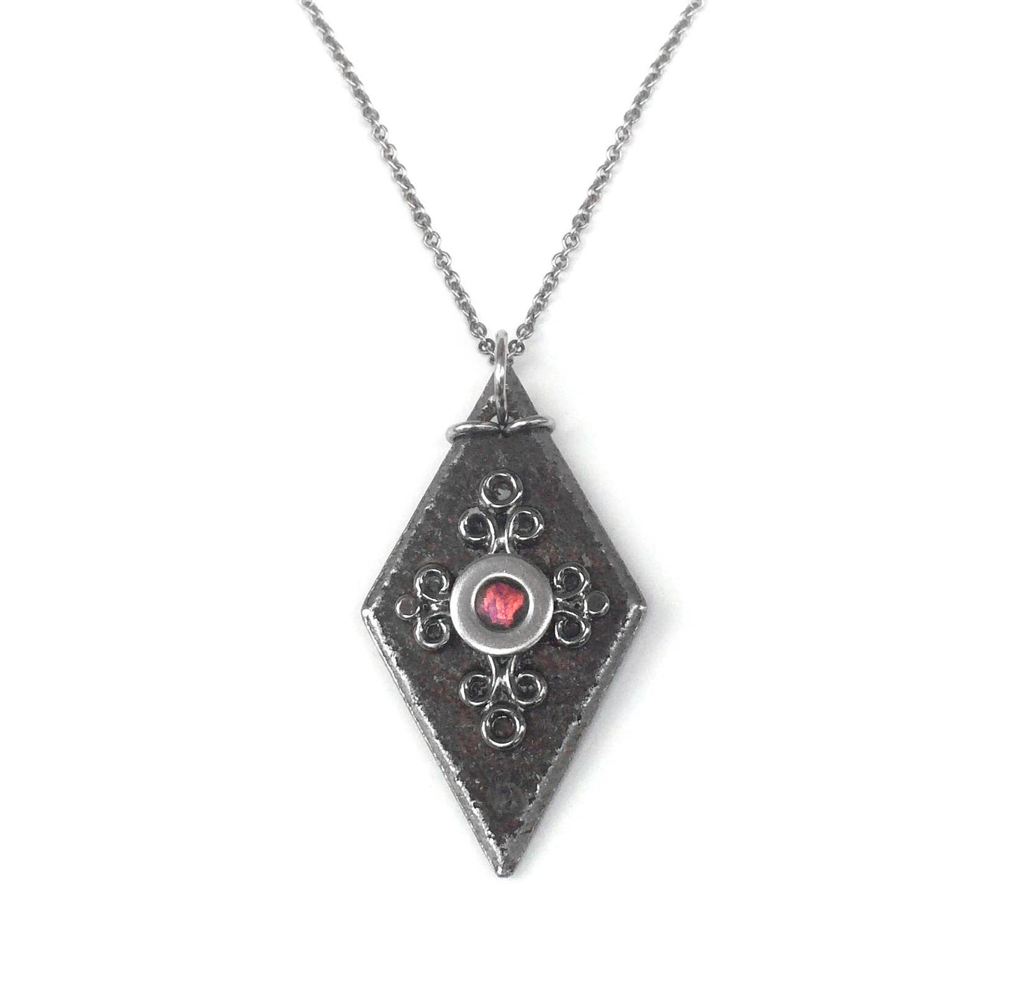 As seen on The Vampire Diaries Bonnie Necklace, Medieval Black Diamond Shaped Pendant, Crimson Red and Black Jewelry  Stainless Steel Chain