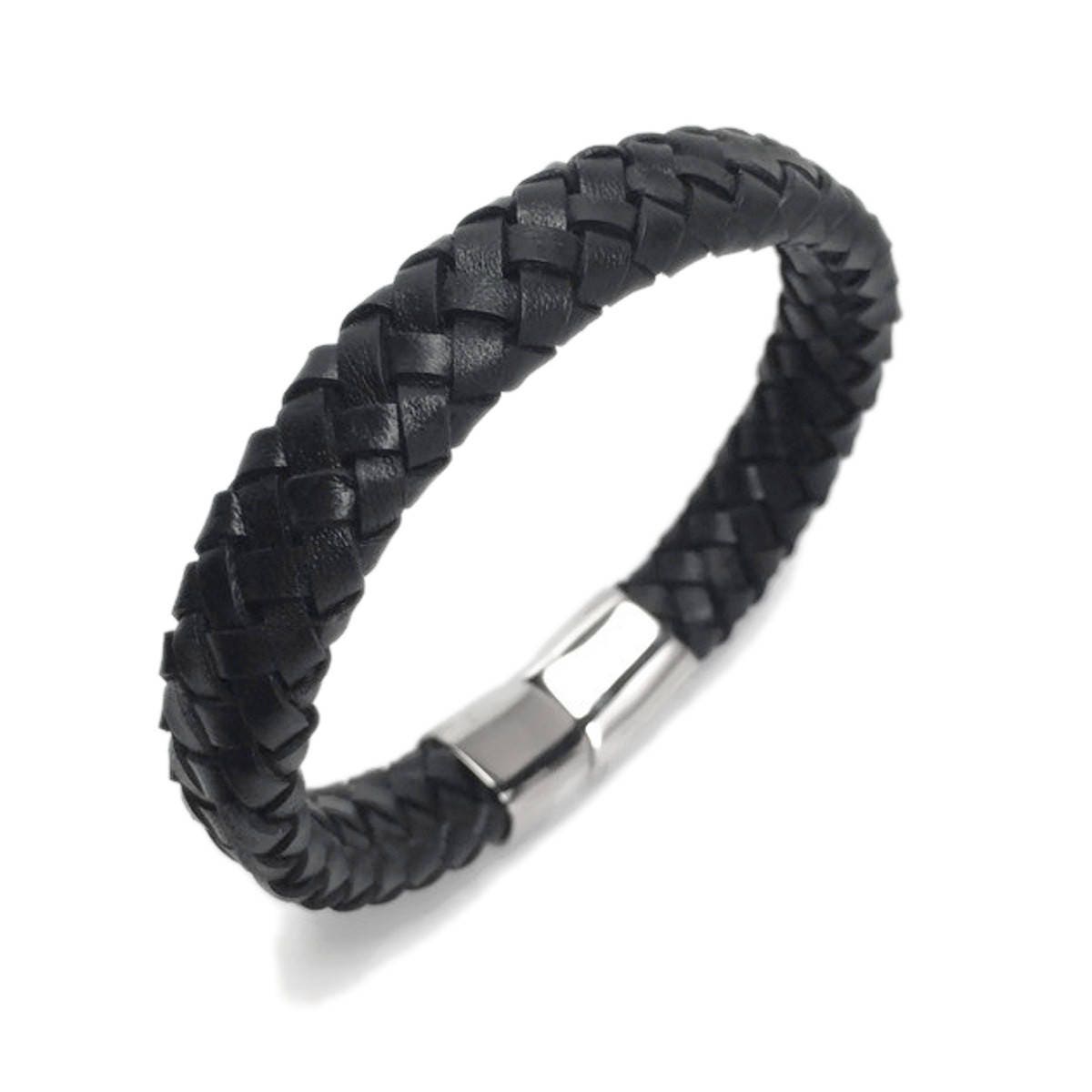 Black Braided Leather Bracelet, Mens Jewelry, Gifts for Him,  Bracelet with Magnetic Clasp, Stainless Steel Jewelry