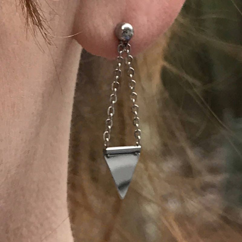 Silver Triangle Dangle Earrings, Spike Studs, Stainless Steel Jewelry for Women, Rocker Chic Earrings, Stud Chain Earrings, Gift for Women