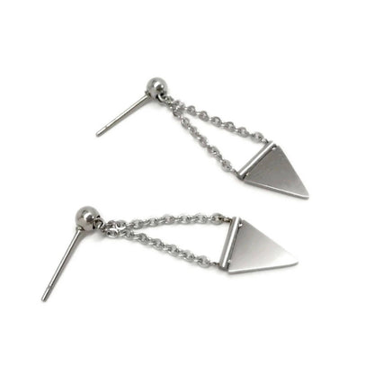 Silver Triangle Dangle Earrings, Spike Studs, Stainless Steel Jewelry for Women, Rocker Chic Earrings, Stud Chain Earrings, Gift for Women