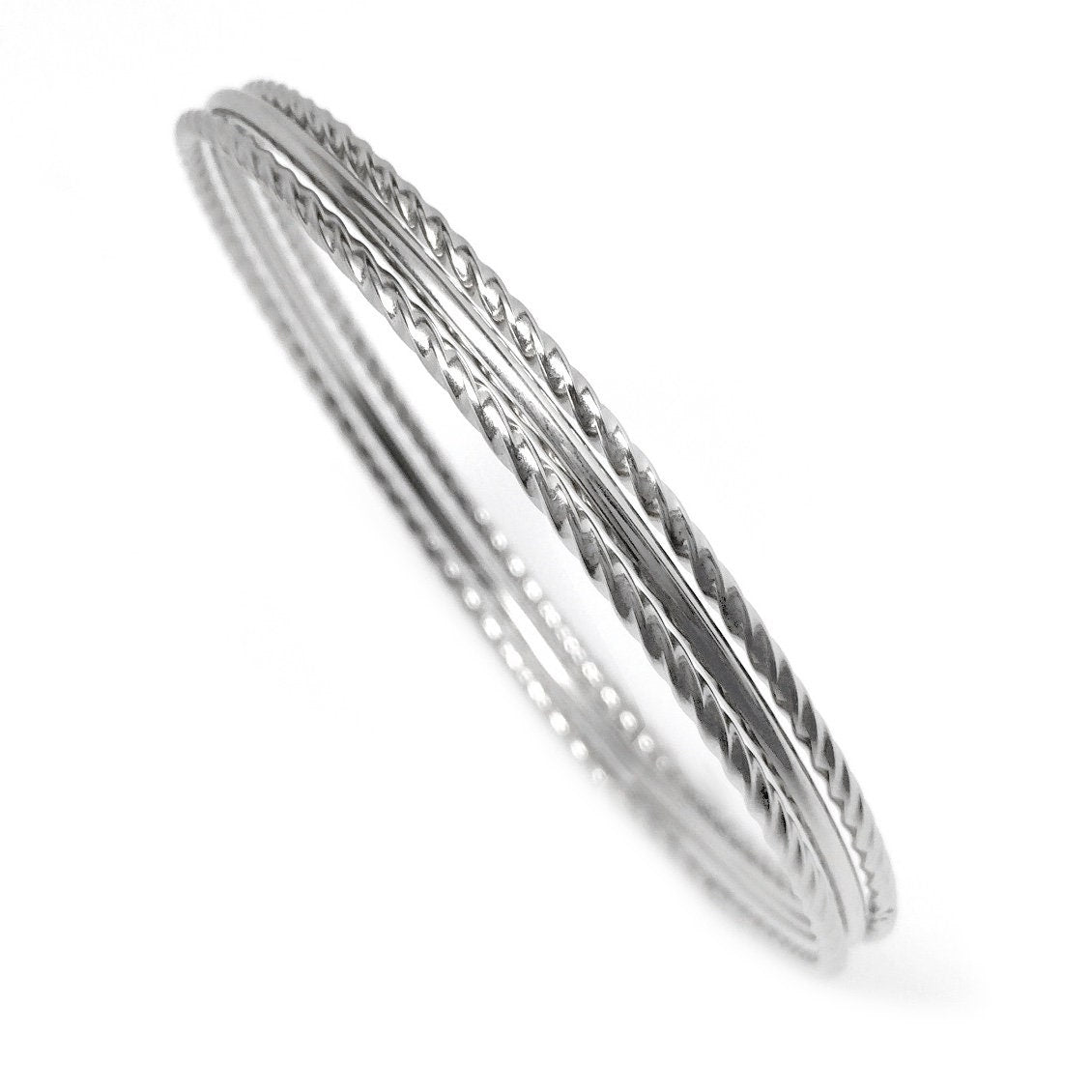 Twisted Stainless Steel Bangle, Stackable, Thin Silver Bracelet Set , Gift for Girlfriend, Hypoallergenic Jewelry