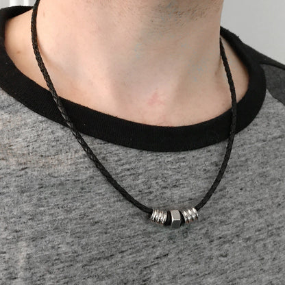 Mens Tribal Necklace, Black Leather Cord, Stainless Steel Jewelry, Gifts for Him, industrial Jewelry, 16 -24 Inch Lengths Available